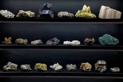 Collection of minerals on shelves