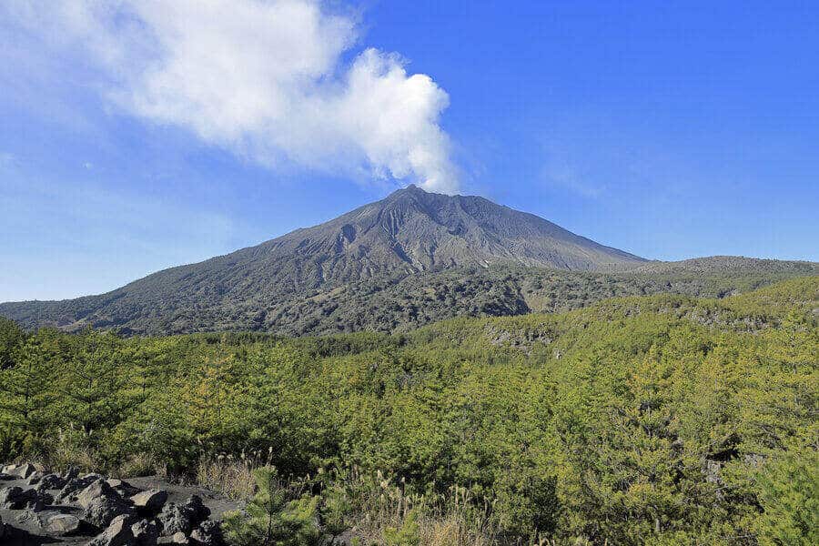 The smoldering peak of Sakurajima in the distance.
