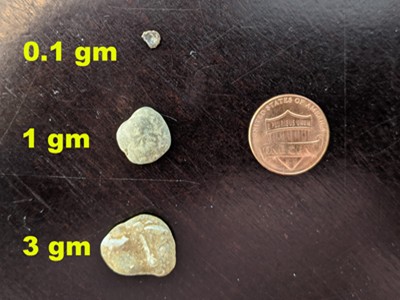 Pebbles with penny for scale, showing how much each weigh