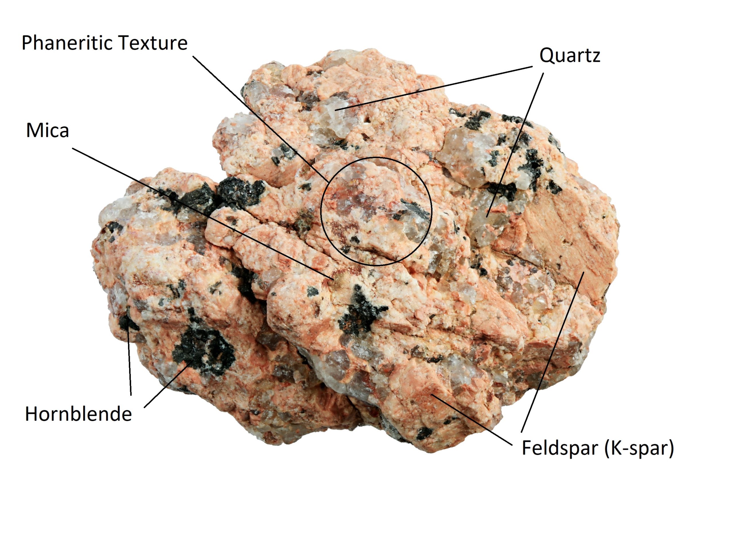 Rough granite specimen with a phaneritic texture and clearly visible crystals of quartz, feldspar, hornblende, and mica.